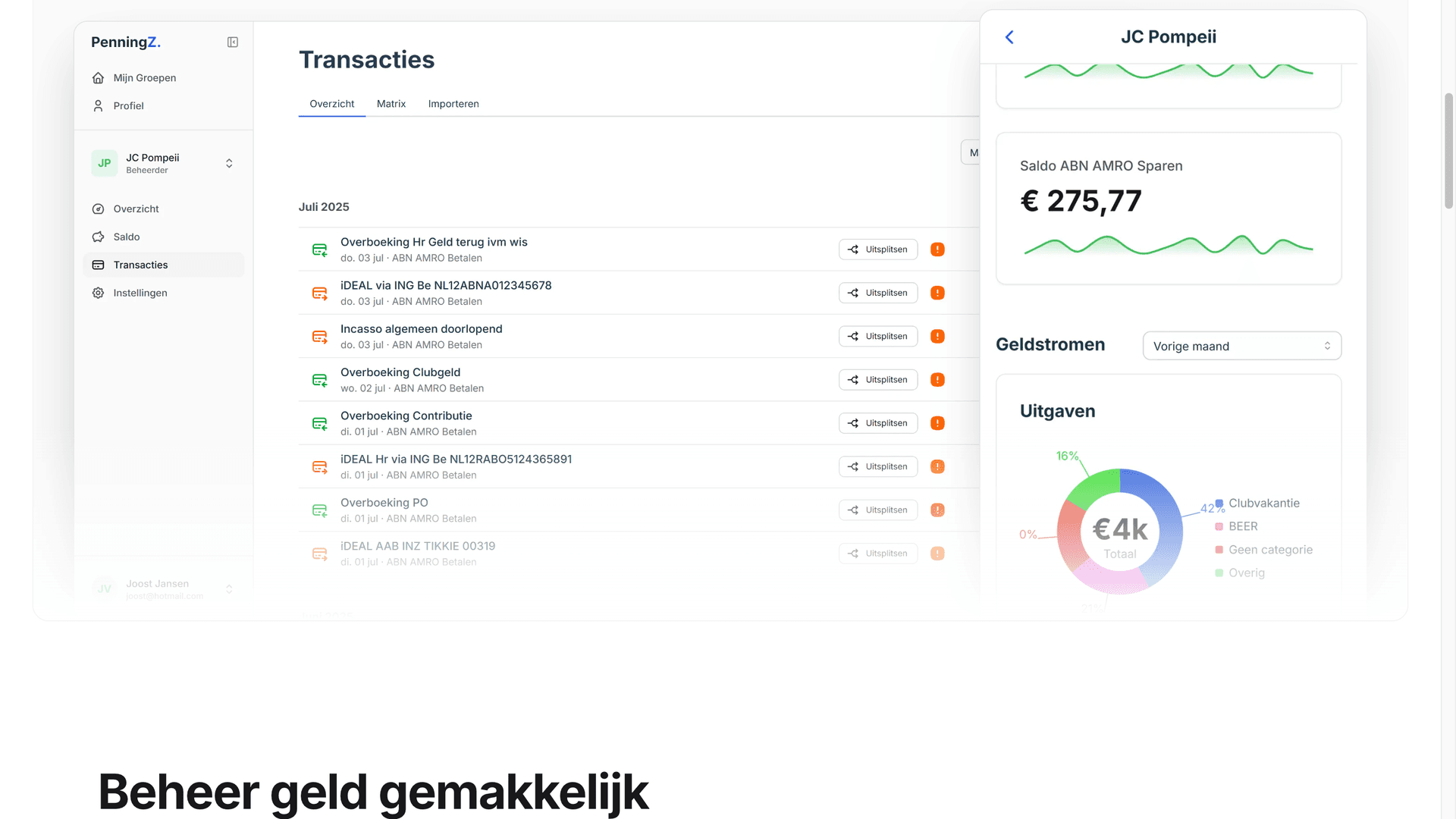 PenningZ transactieoverzicht na het koppelen